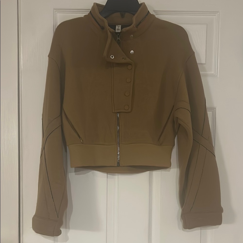 ALO Yoga Brown Bomber Jacket with Textured Fabric and Stand-Up Collar